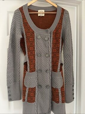 Women's Gray and Rust Patterned Knit Cardigan Sweater